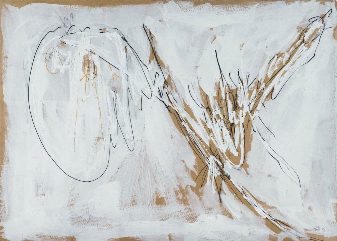 ACHILLE PERILLI - Untitled, 1958: ACHILLE PERILLI Rome, 1927 Untitled, 1958 Tempera and pastel on paper, 52 x 72 cm Signed and dated lower right: Perilli 58 Label on the back: Arte Fiera, â€œLes Chances de lâ€™Arteâ€ Galle