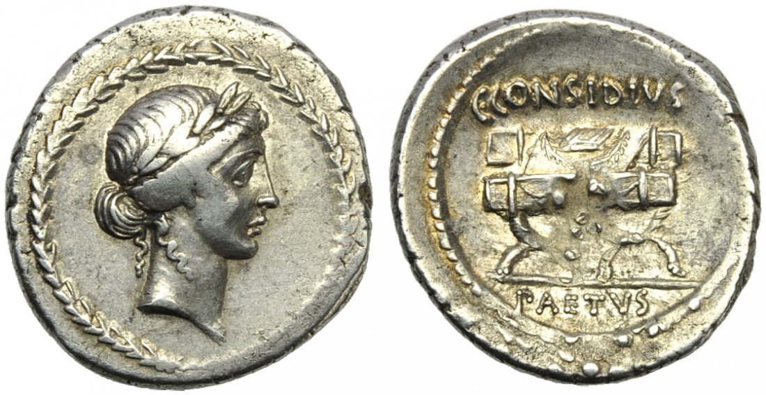C. Considius Paetus, Denarius, Rome, 46 BC: C. Considius Paetus, Denarius, Rome, 46 BC; AR (g 3,84; mm 20; h 6); Laureate head of Apollo r.; laurel wreath as border, Rv. Curule chair on which lies wreath; above, C CONSIDIVS; in ex. PAETVS. Craw