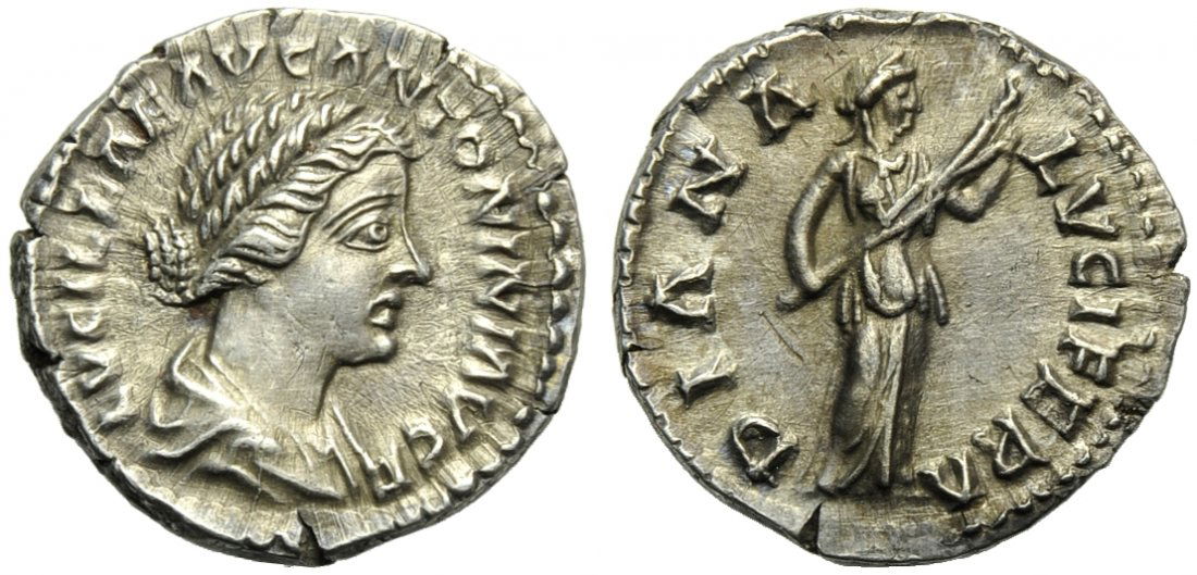 Lucilla (Marcus Aurelius, 161-180), Denarius, Rome, c.: Lucilla (Marcus Aurelius, 161-180), Denarius, Rome, c. AD 164-170; AR (g 3,14; mm 19; h 12); LVCILLA AVG ANTONINI AVG F, draped bust r., hair knotted behind, Rv. DIANA - LVCIFERA, Diana standing r., h