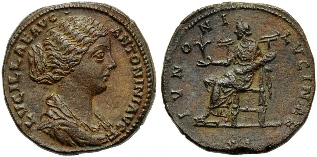 Lucilla (Marcus Aurelius, 161-180), Sestertius, Rome,: Lucilla (Marcus Aurelius, 161-180), Sestertius, Rome, c. AD 164-170; AE (g 28,99; mm 31; h 12); LVCILLAE AVG - ANTONINI AVG F, draped bust r., hair knotted behind, Rv. IVNONI - LVCINAE, Juno seated l.