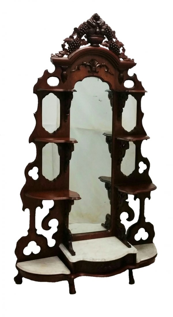 #125Attributed to Mitchell Walnut Victorian M/T Étagère: #125- Attributed to Mitchell Walnut Victorian M/T Étagère w/ Carved Grapes 87” X 51” X 20”