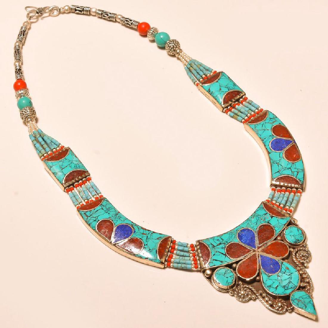 925 Silver - Turquoise, Coral & Lapis Necklace (1 of 1)