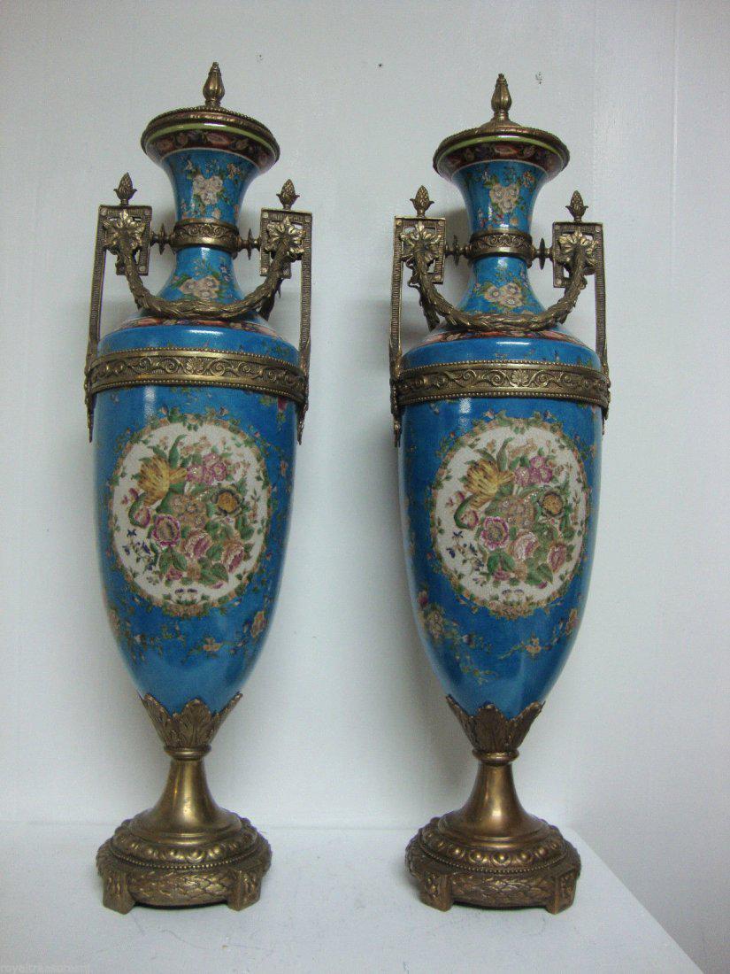 Pair Porcelain Urn Vase Handmade Bronze (1 of 3)