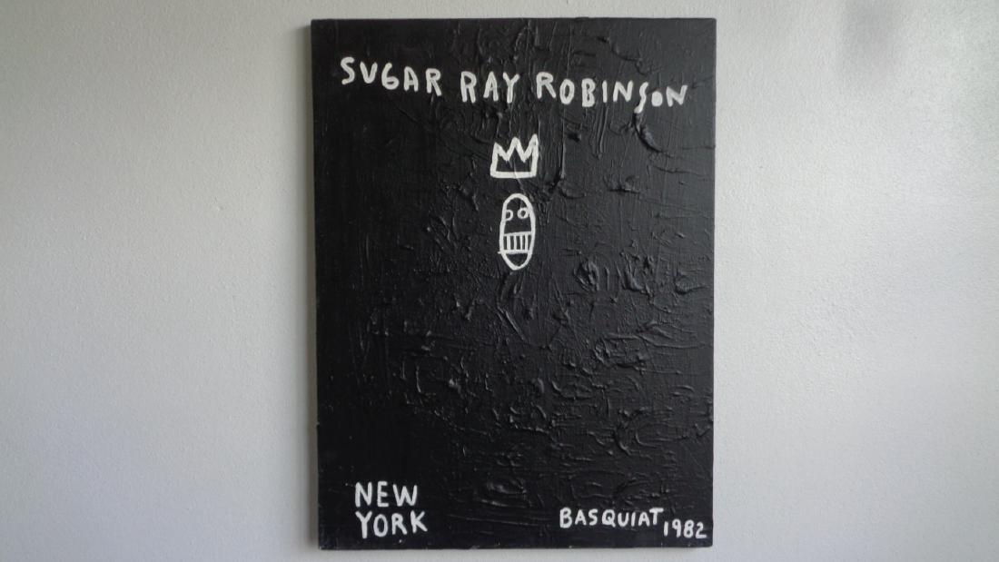 Basquiat Style"Sugar Robinson 1982 Signed: Basquiat Style"Sugar Ray Robinson"1982 signed -Painting Acrylic on Canvas.. Signed on back - W.New York. Measurements -Size: 18" x 24"