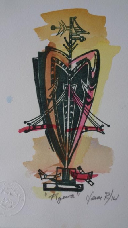 Jose Mijares (Cuban1921-2004) "Figura"Engraving: Jose Mijares (Cuban1921-2004), Title:"Figura" A/P Original Recreation 2014, Size:7"1/2 x 11", Engraving / Paper / Watercolor -Hand Colored , Hand colored in water color prior to the printing of the im