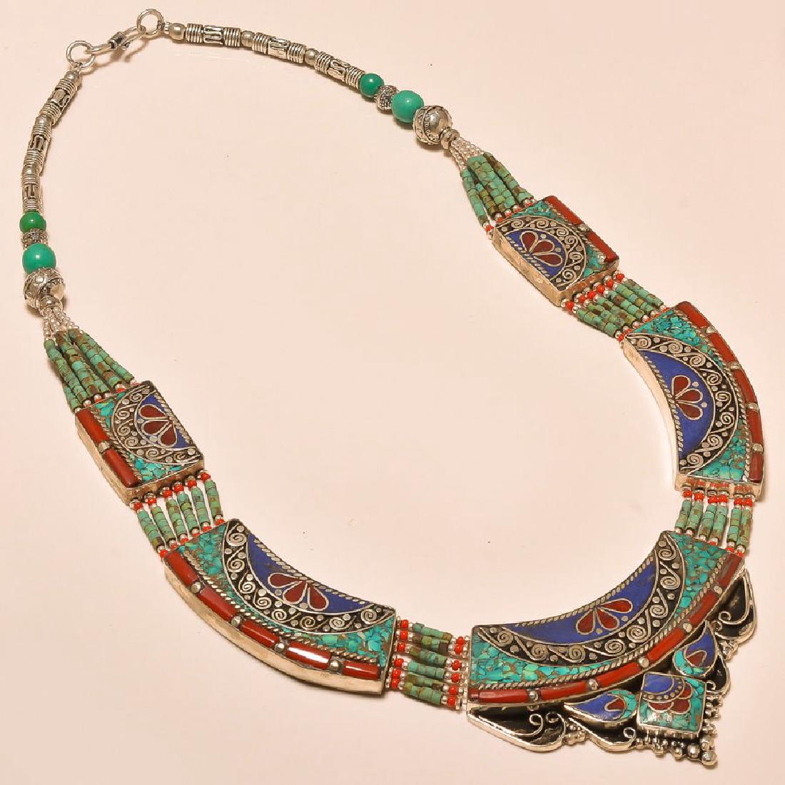 925 Silver - Turquoise, Coral & Lapis Necklace (1 of 1)