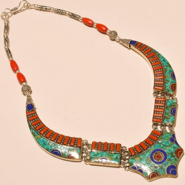 925 Silver - Turquoise, Coral & Lapis Necklace (1 of 1)