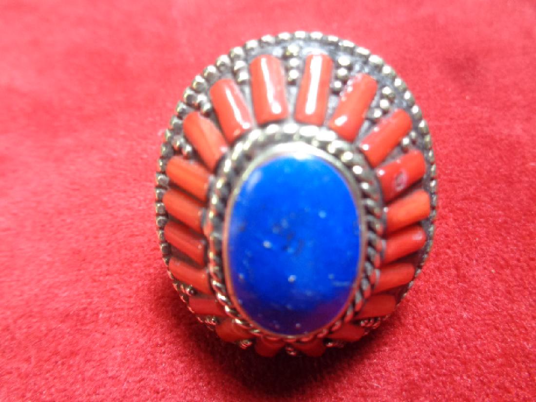 Lapis & Coral 925 Silver Ring - Size 6 (1 of 2)