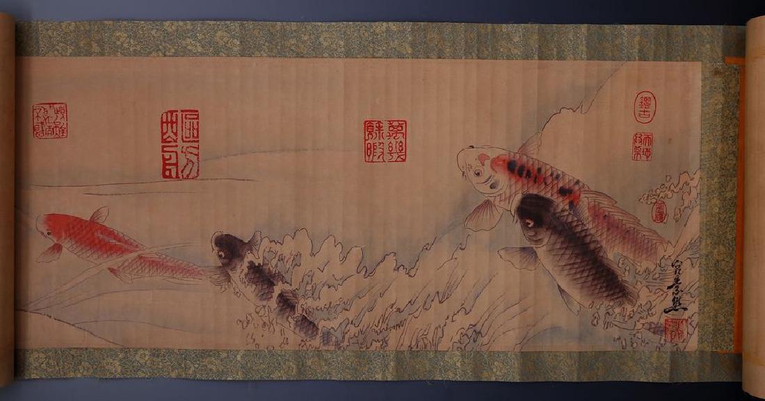 Large Antique Hand Painted Chinese Signed Fish Scroll: (1 of 7)