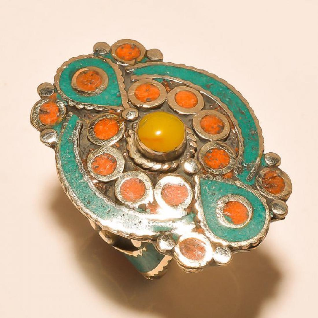 TURQUOISE - RED CORAL .925 SILVER Ring (1 of 1)