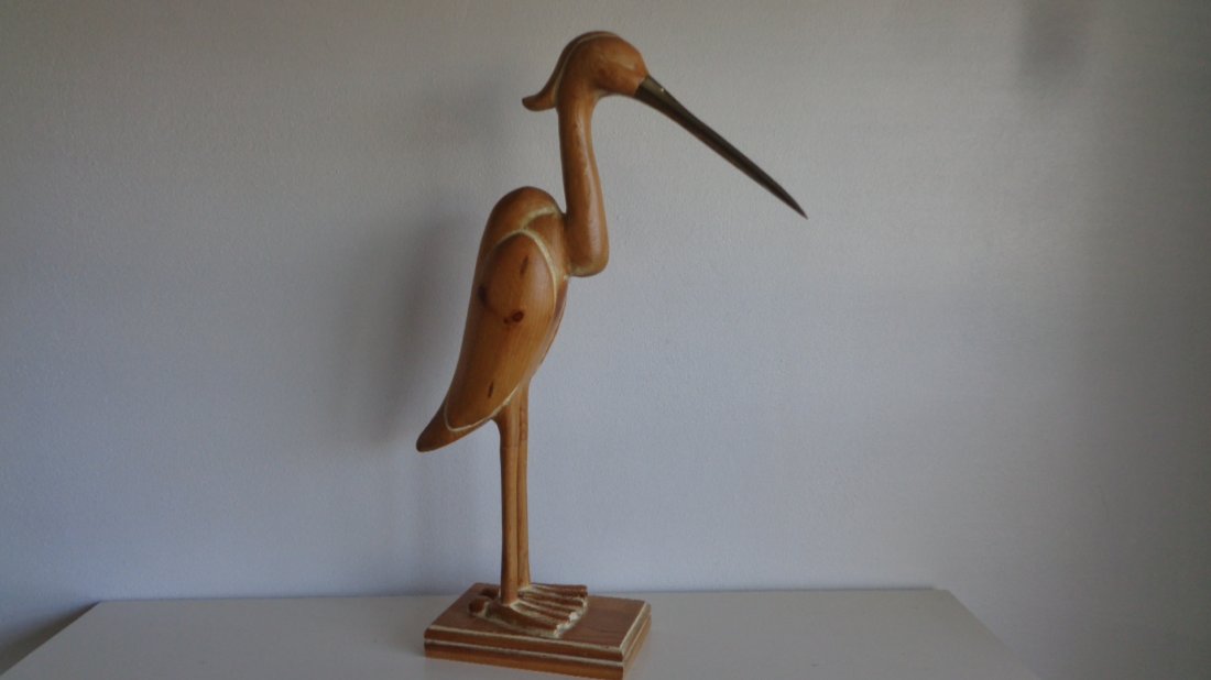 Large Hand Carved Wood Crane With Bronze Peak (1 of 4)