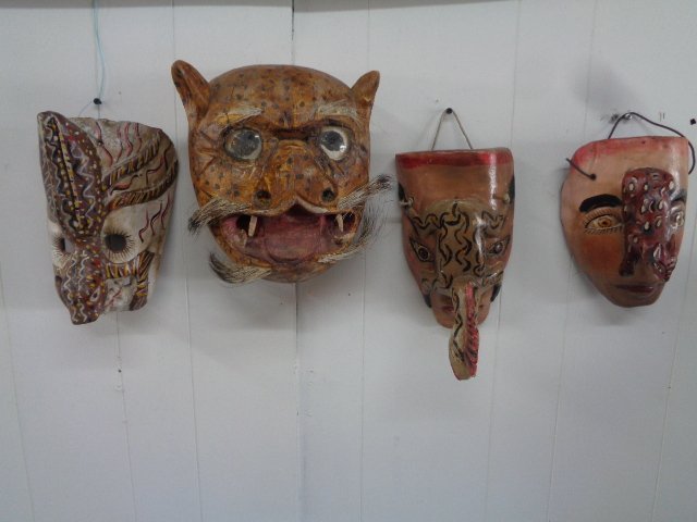 Lot of 4 Wood Mask Franz Bader Gallery: Lot of 4 Wood Mask Franz Bader Gallery. Franz Bader was an important presence on the Washington art scene- the tiger mask real tiger hair and has a tag from Franz Gallery-see photo