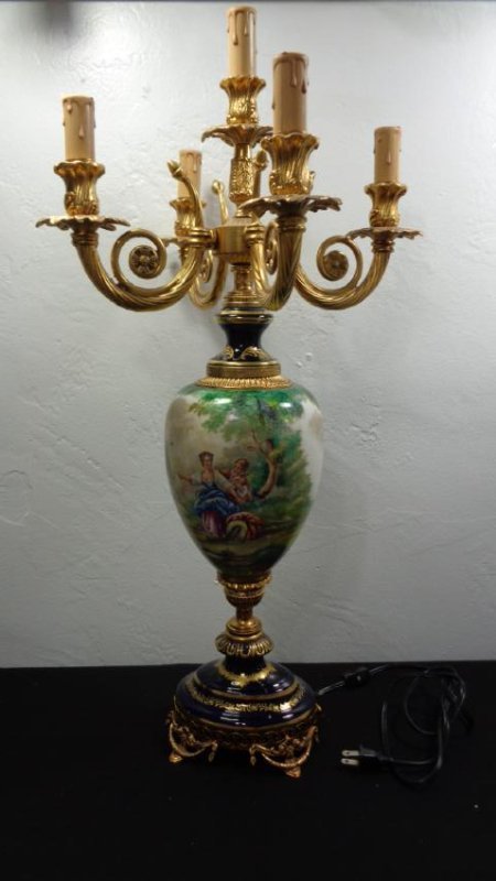 Hand-Painted French Porcelain Table Lamp: Hand-Painted French Porcelain Table Lamp.-Signed. Size:15" x 29" H -This piece is in excellent condition