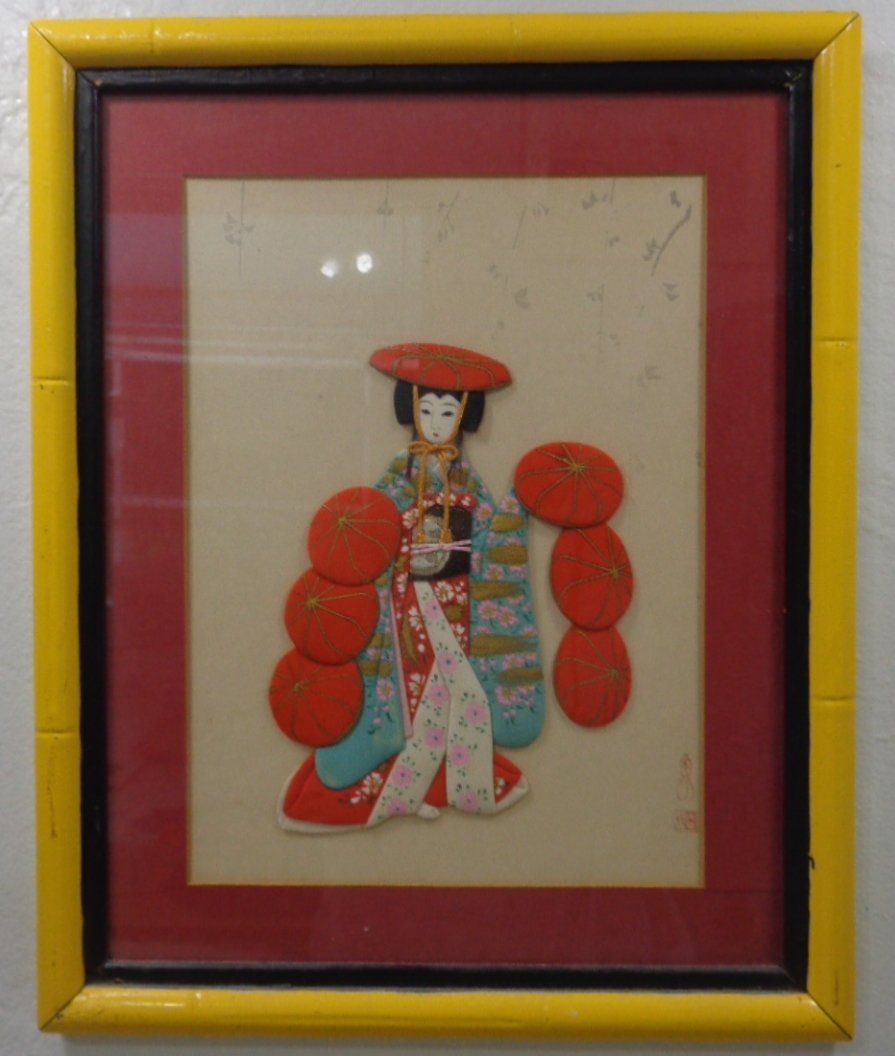 Vintage Japanese FABRIC Geisha Girl Embellished Picture (1 of 6)