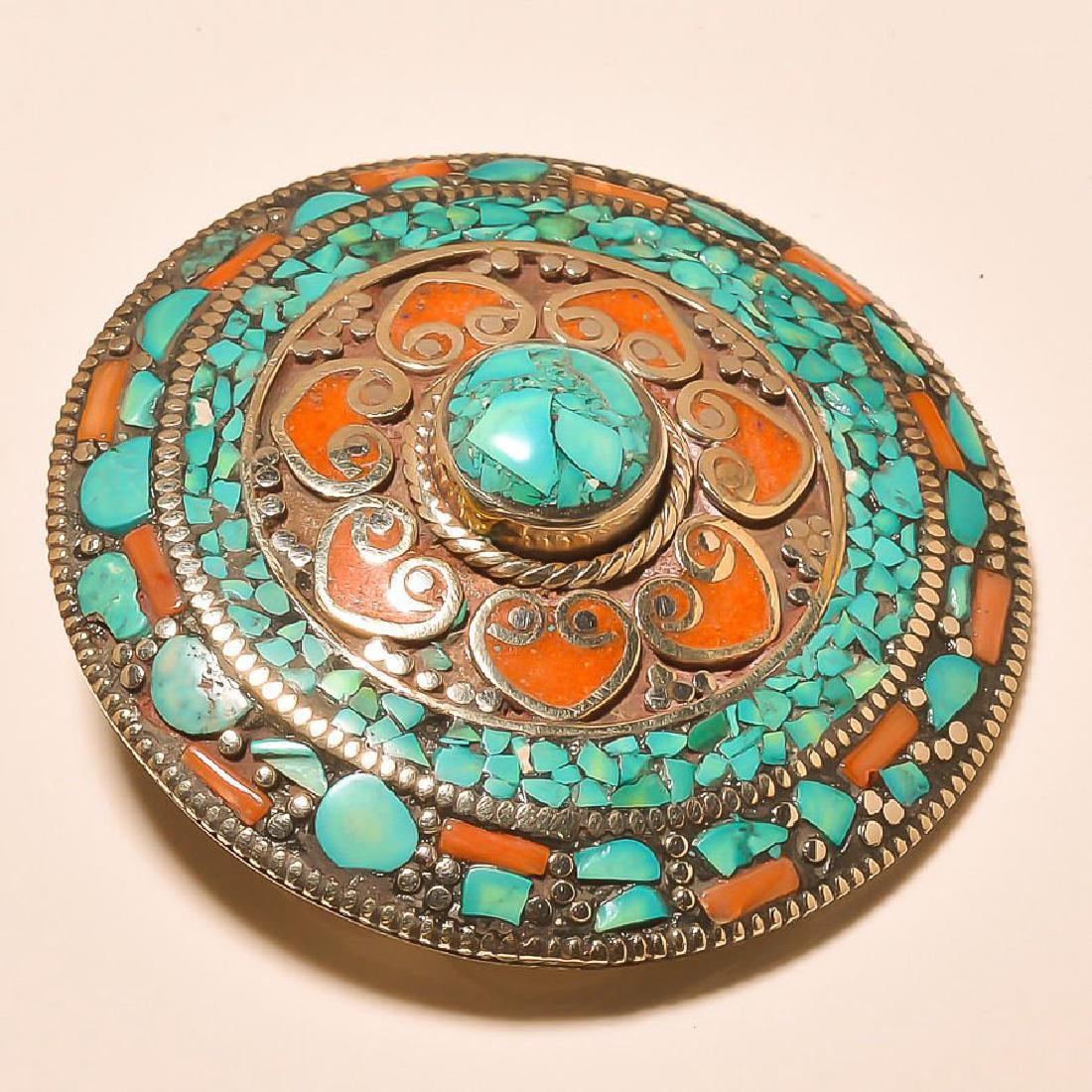 Red Coral & Turquoise -925 Silver Belt buckle (1 of 1)