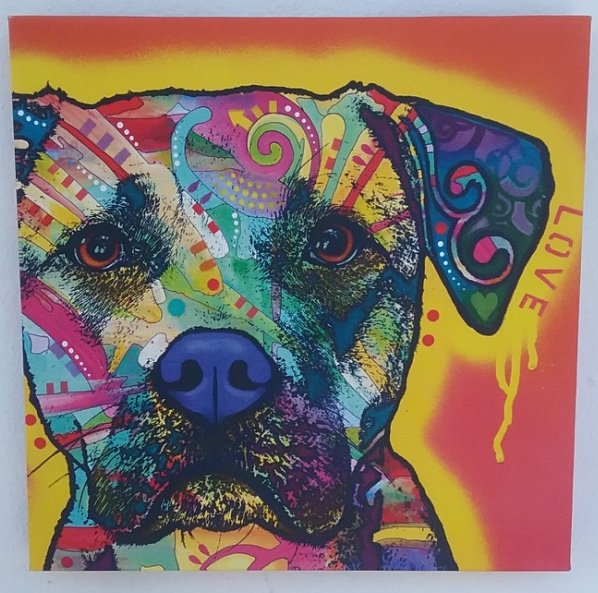 POP ART DOG GIGLEE ON CANVAS: POP ART DOG GIGLEE ON CANVAS. SIZE: 12 X 12.