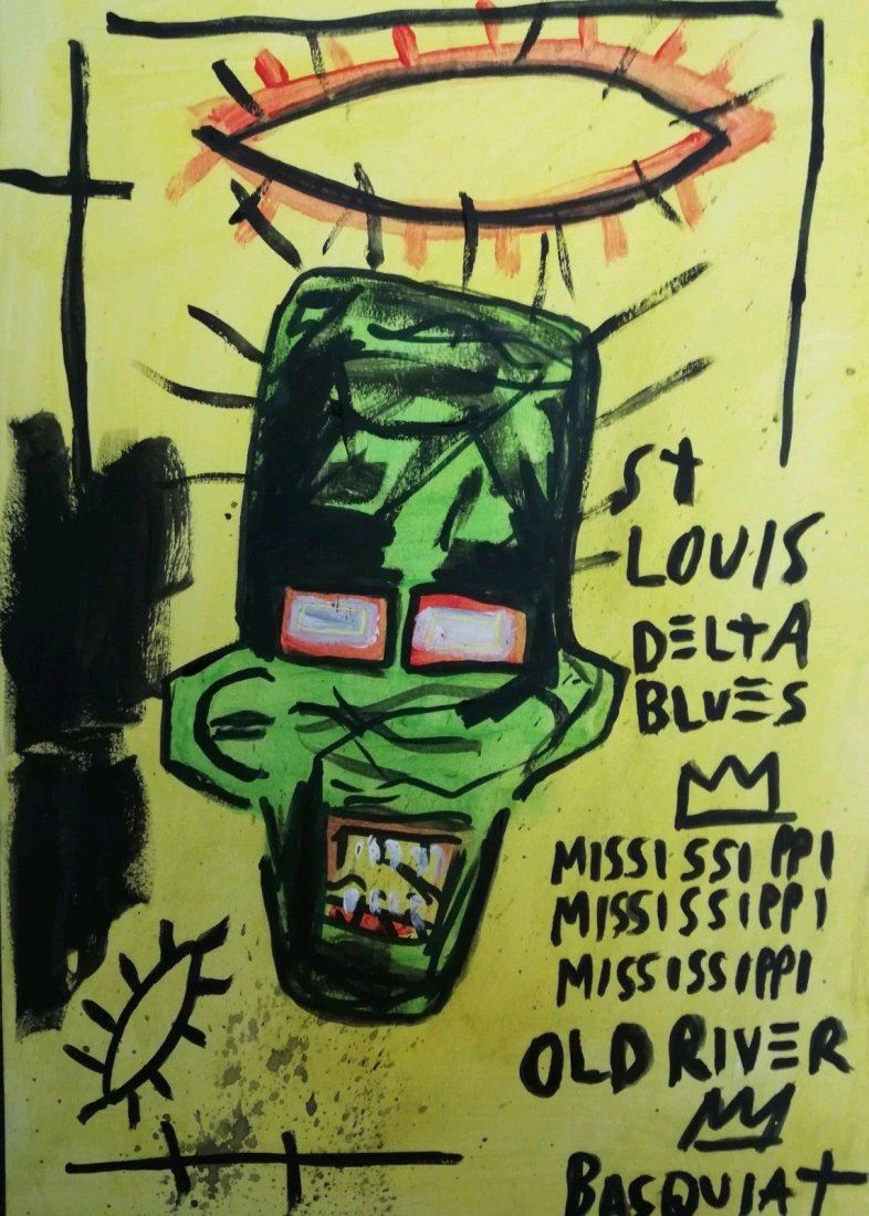 Neo Expressionist Jean Michel Basquiat: Neo ExpressionistJean Michel Basquiat Mixed media painting Completed on quality Aquafine mixed media art board sized at A4 and finished with professional watercolours and Sharpies. The Whitney Museum 