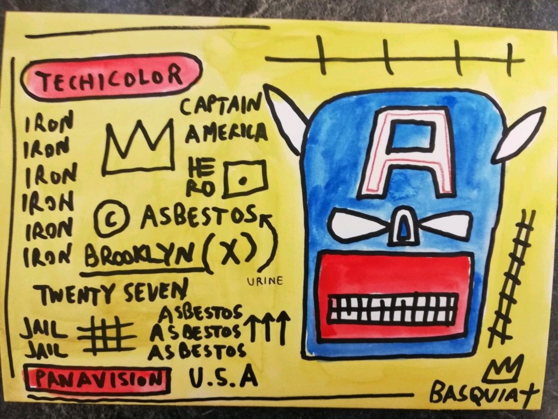 Neo ExpressionistJean Michel Basquiat Mixed media: Neo ExpressionistJean Michel Basquiat Mixed media painting Completed on quality Aquafine mixed media art board sized at A4 and finished with professional watercolours and Sharpies. The Whitney Museum 