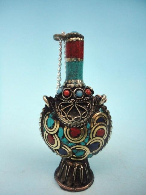 Ancient Tibet copper inlaid turquoise snuff bottle (1 of 1)