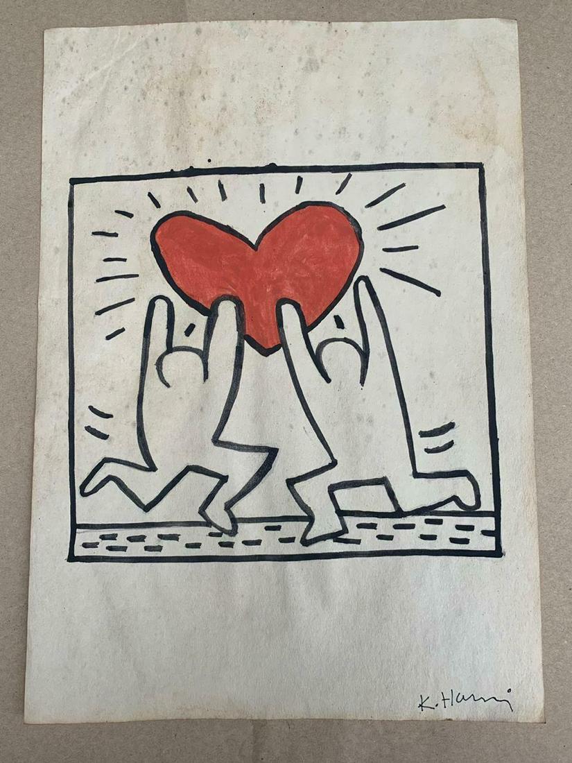 KEITH HARING DRAWING ON PAPER SIGNED AND STAMPED (1 of 2)