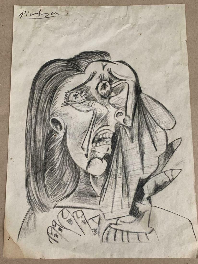 Pablo Picasso Avant-Garde Cubist Signed: Pablo Picasso Avant-Garde Cubist Signed Drawing Woman. Stamped on Verso. Size: 9 x 12 In. Provenance: N York consignor Private collection. it is being sold in the manner or style of the artist. 100% O
