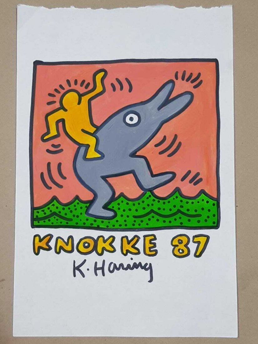KEITH HARING DRAWING ON PAPER SIGNED AND STAMPED R: KEITH HARING DRAWING ON PAPER SIGNED AND STAMPED.