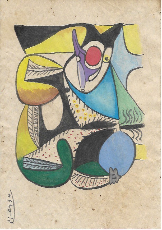PABLO PICASSO WATERCOLOR DRAWING SIGNED & STAMPED (1 of 2)