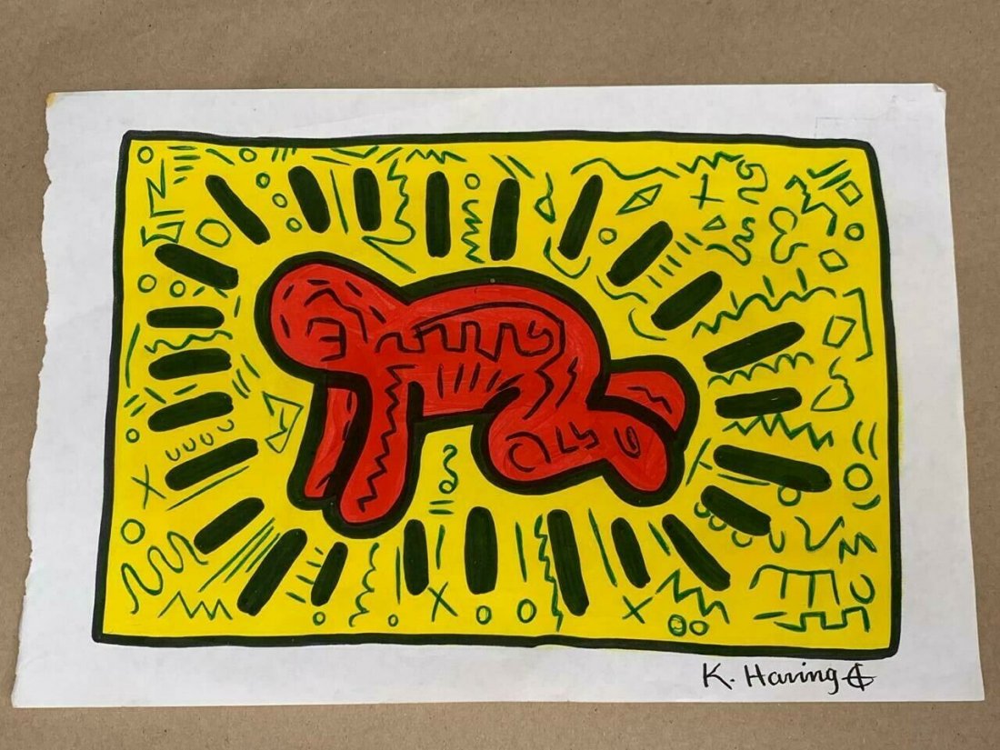 KEITH HARING DRAWING ON PAPER SIGNED AND STAMPED: KEITH HARING DRAWING ON PAPER SIGNED AND STAMPED ON PAPER ON VERSO. Provenance :NY Collector. NO documents or Authenticity. Sold as is..size: 8 1/2 x 11 1/2.
