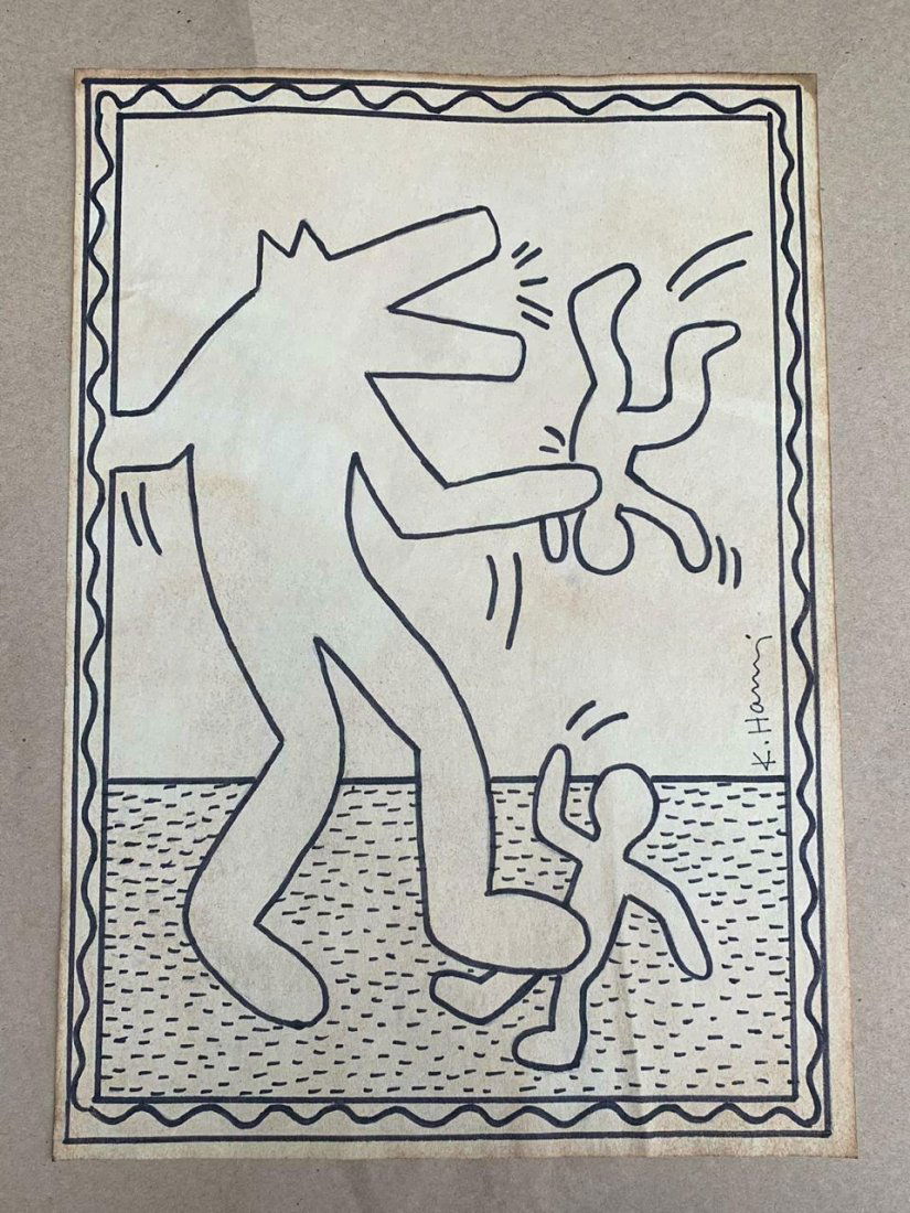 KEITH HARING DRAWING ON PAPER SIGNED AND STAMPED: KEITH HARING DRAWING ON PAPER SIGNED AND STAMPED ON PAPER ON VERSO. Provenance :NY Collector. NO documents or Authenticity. Sold as is..size: 8 1/2 x 11 1/2.