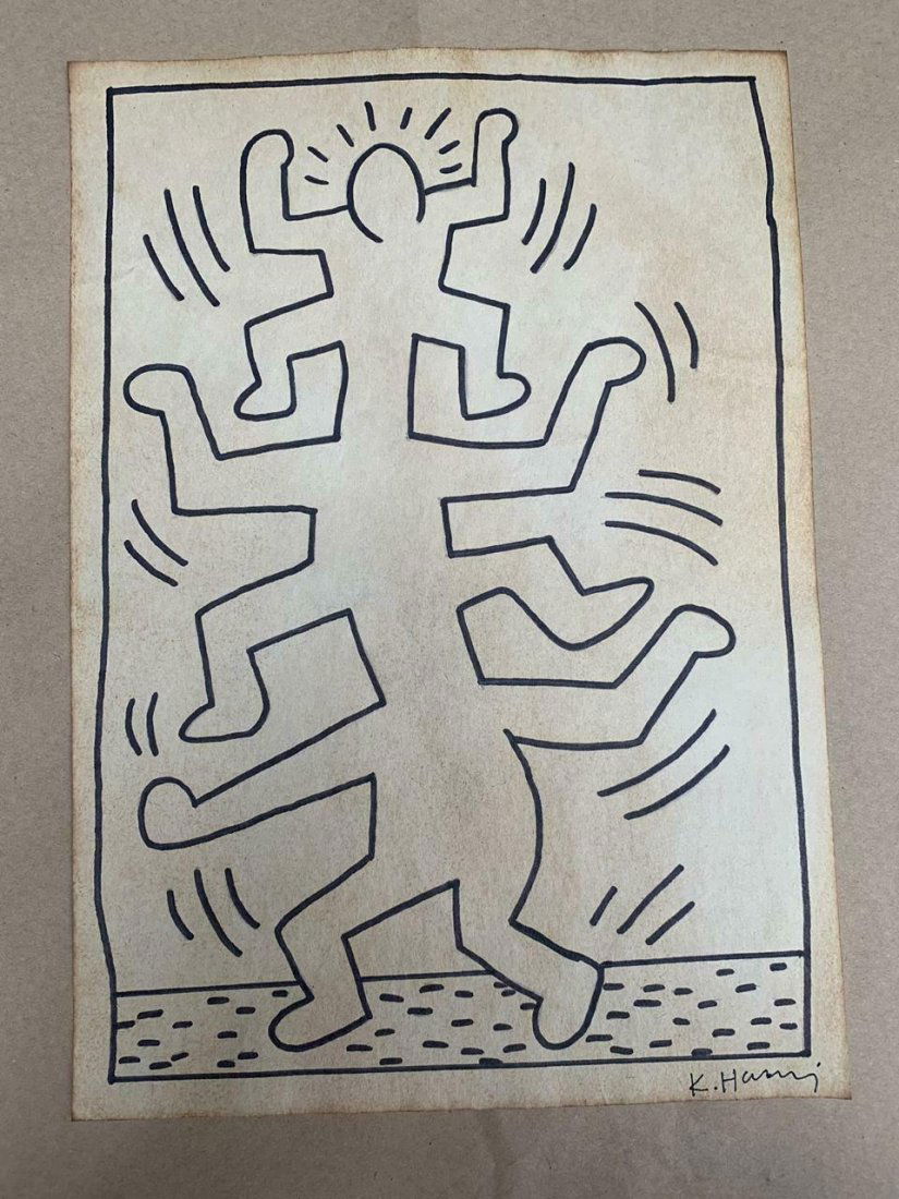 KEITH HARING DRAWING ON PAPER SIGNED AND STAMPED: KEITH HARING DRAWING ON PAPER SIGNED AND STAMPED ON PAPER ON VERSO. Provenance :NY Collector. NO documents or Authenticity. Sold as is..size: 8 1/2 x 11 1/2.