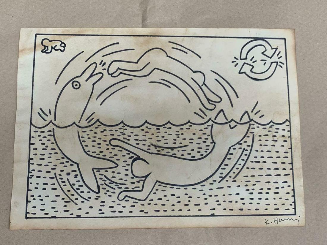 KEITH HARING DRAWING ON PAPER SIGNED AND SEALED: KEITH HARING DRAWING ON PAPER SIGNED AND SEALED ON PAPER ON VERSO. Provenance :NY Collector. NO documents or Authenticity. Sold as is. size: 8 1/2 x 11 1/2.