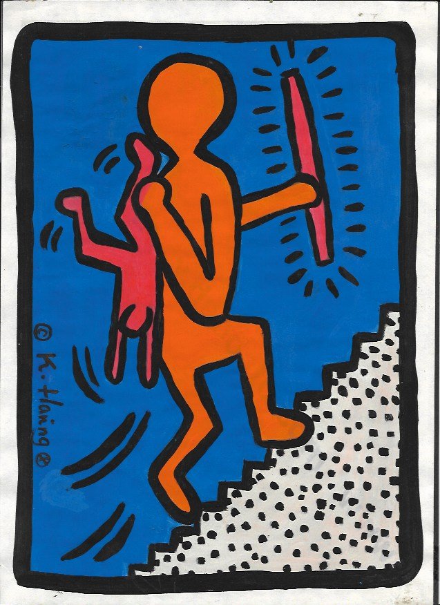 Keith Haring (American, 1958 -1990) - Mixed Media: Keith Haring (American, 1958 -1990) - Mixed Media Drawing acrylic and marker illustration on Paper signed. is executed in the contemporary, street art style of Keith Haring (American, 1958-1990) The p