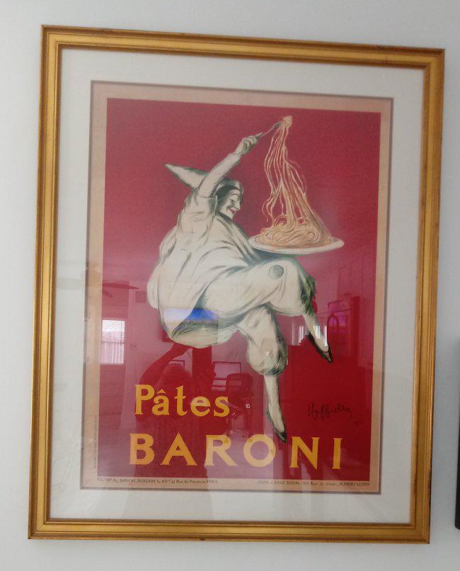 Vintage offset lithograph poster,"Pates Baroni": Vintage offset lithograph poster,"Pates Baroni" Print: 32 x 24. Frame size approx: 31 x 39 Poly Glass Double Matted Museum Gilded Gold Frame.Provenance: New York Collector.Good condition. See photo.