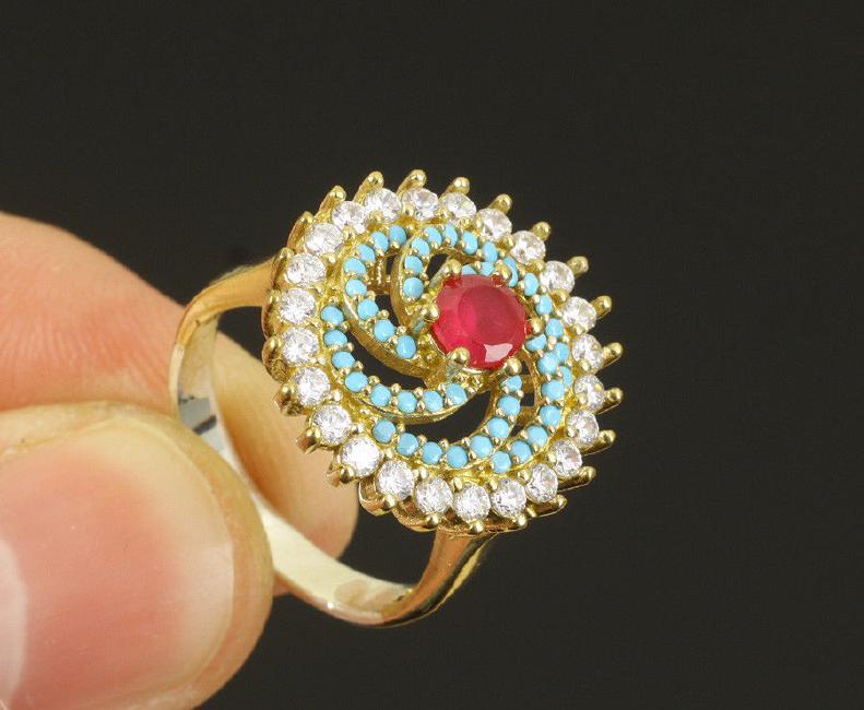 RUBY TOPAZ TURQUOISE .925 SILVER & BRONZE RING SIZE 8 (1 of 2)
