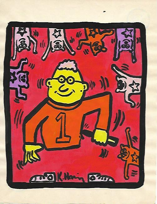 Keith Haring (American, 1958 -1990) -: Keith Haring (American, 1958 -1990) - Mixed Media Drawing acrylic and marker illustration on Paper signed. is executed in the contemporary, street art style of Keith Haring (American, 1958-1990) The p