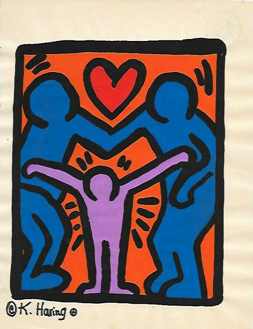 Keith Haring (American, 1958 -1990): Keith Haring (American, 1958 -1990) - Mixed Media Drawing acrylic and marker illustration on Paper signed. is executed in the contemporary, street art style of Keith Haring (American, 1958-1990) The p