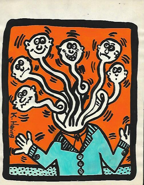 Keith Haring (American, 1958 -1990): Keith Haring (American, 1958 -1990) - Mixed Media Drawing acrylic and marker illustration on Paper signed. is executed in the contemporary, street art style of Keith Haring (American, 1958-1990) The p