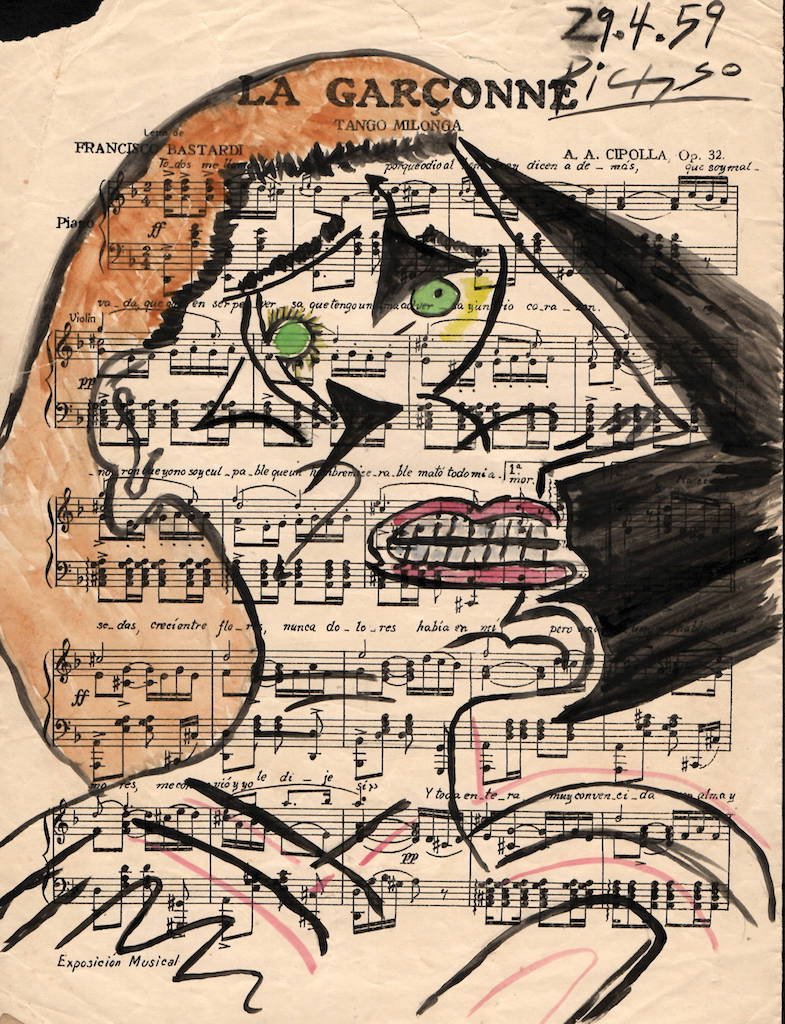 PABLO PICASSO DRAWING ON Music Note PAPER SIGNED (1 of 2)