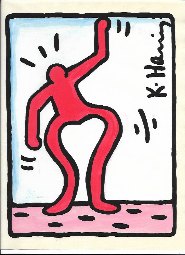 Signed Keith Haring Mixed Media on Paper: Signed Keith Haring Mixed Media on Paper. Approx Size: 11 1/2 x 9 inches. Provenance: NY Collector.Sold as is in the manner or style of the artist. Good Condition. See photos.