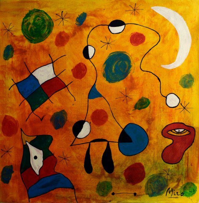 Abstract Painting Signed Miro, Modern Art: Abstract Painting Signed Miro, Modern Art. Good condition, no losses, needs stretching. No COA, no supporting papers, sold in the manner of . Size:17 x 17.Good condition. See photo