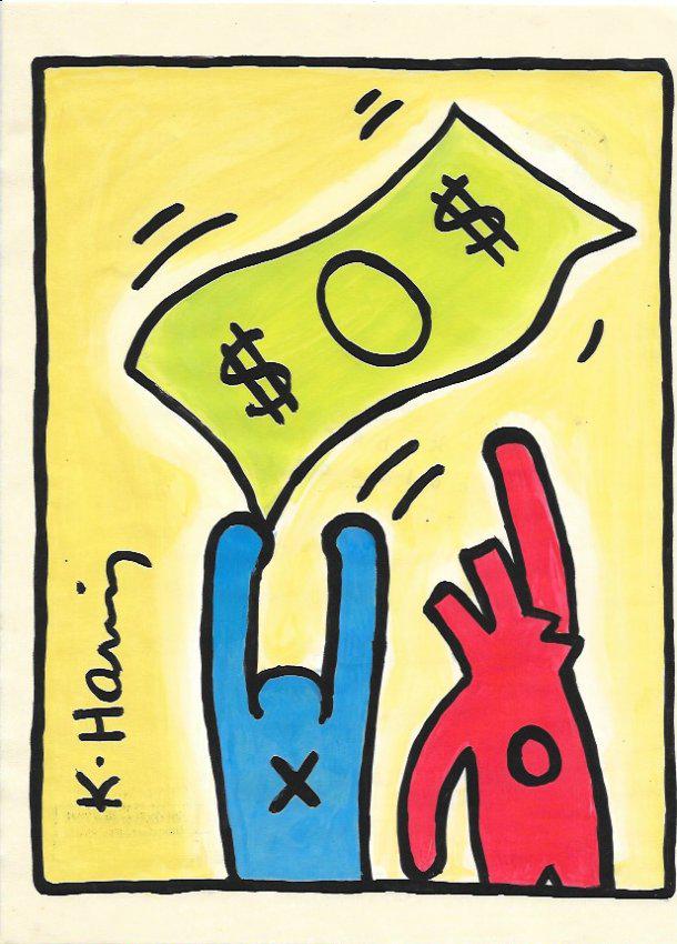 Keith Haring (American, 1958 -1990) - Mixed Media: Keith Haring (American, 1958 -1990) - Mixed Media Drawing acrylic and marker illustration on Paper signed. is executed in the contemporary, street art style of Keith Haring (American, 1958-1990) The p