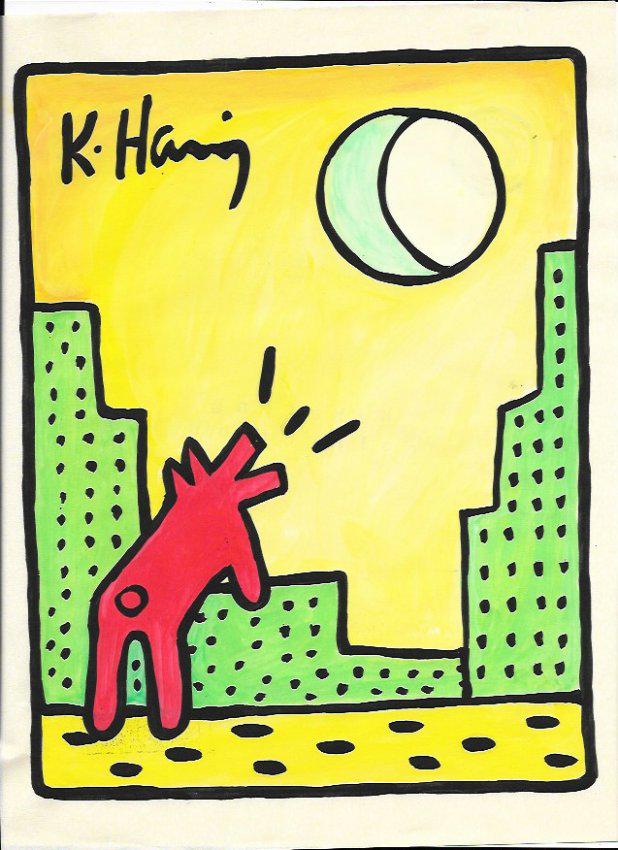 Keith Haring (American, 1958 -1990) - Mixed Media: Keith Haring (American, 1958 -1990) - Mixed Media Drawing acrylic and marker illustration on Paper signed. is executed in the contemporary, street art style of Keith Haring (American, 1958-1990) The p