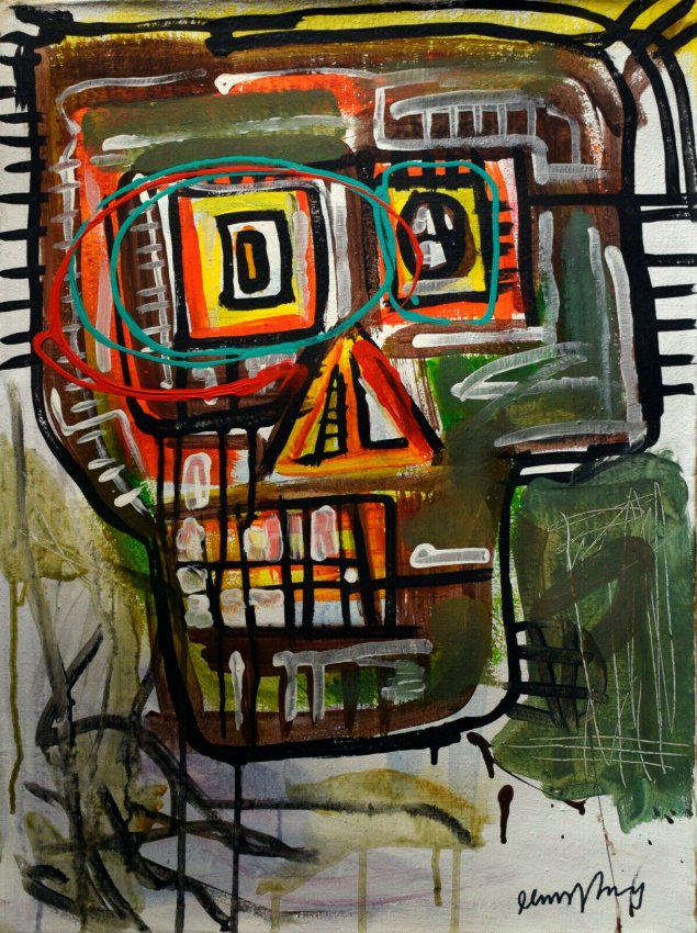 Jean Micheal Basquiat Abstract Painting on Canvas: Jean Micheal Basquiat Abstract Painting on Canvas ,Good condition, no losses, needs stretching. No COA, no supporting papers, sold in the manner of Artist. Size: 22 x 16.Good condition. See photo