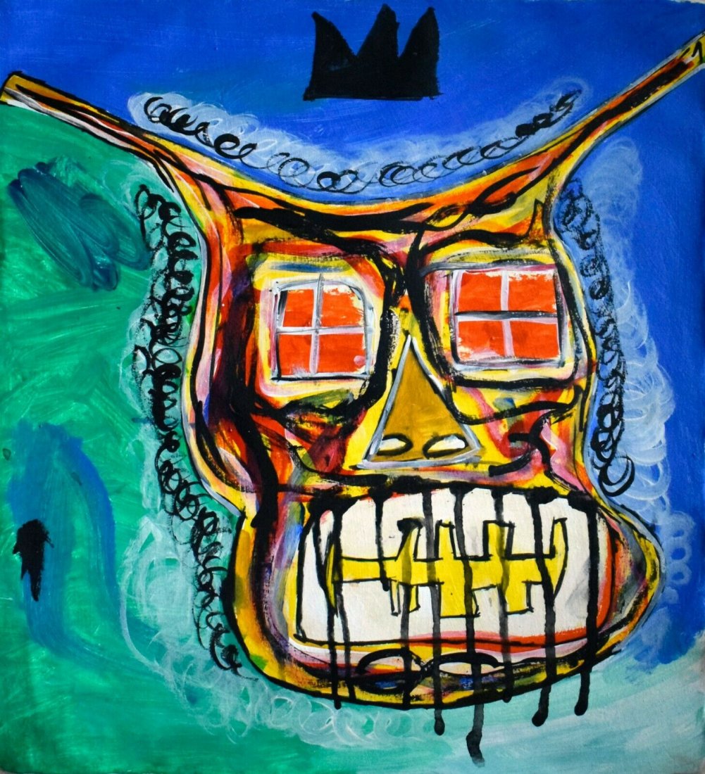 Jean-Michel Basquiat abstract painting on canvas signed: Jean-Michel Basquiat abstract painting on canvas signed on Verso, no losses, needs stretching. No COA, no supporting papers, sold in the manner or Style of . Size: 20 x 16 . 1/2.Good condition. See ph