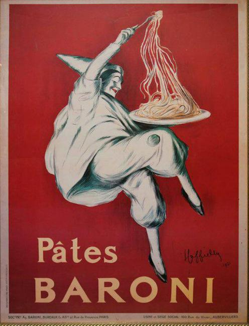 Vintage offset lithograph poster,"Pates Baroni": Vintage offset lithograph poster,"Pates Baroni" Print: 32 x 24. Frame size approx: 31 x 39 Poly Glass Double Matted Museum Gilded Gold Frame.Provenance: New York Collector.Good condition. See photo.