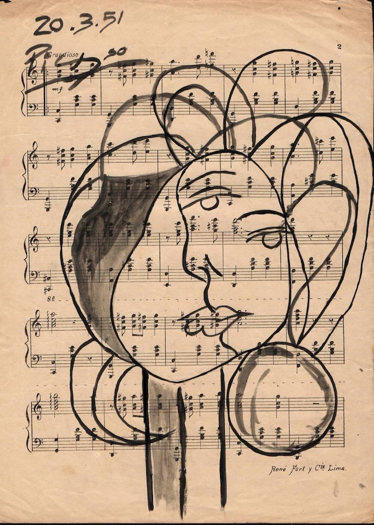 Mixed Media Pablo Picasso Drawing on Paper Music Notes: Mixed Media Pablo Picasso Drawing on Paper Music Notes. Approx Size: 12 x 8 1/2 inches. Provenance: Private NY Collection. It is being sold as in the manner Style of artist. Good Condition See Photos.