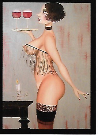 Postcard Cohiba Habana Cognac: Postcard Manufaktur Alek Sander Sammelkarte naive Malerei Cohiba Habana Cognac Vertiko. size 4 x 10. Good condition