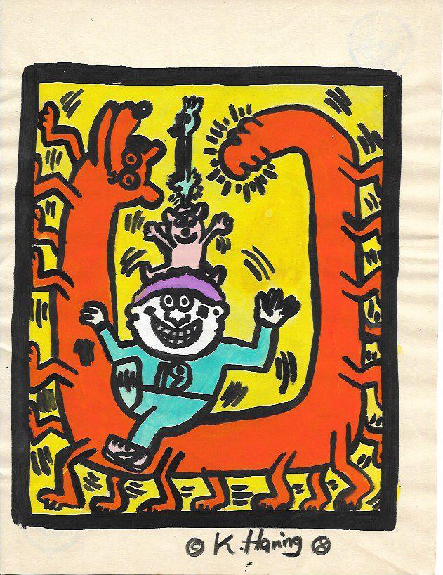 Keith Haring Mixed Media on Paper: Keith Haring Mixed Media on Paper. Approx Size: 11 1/2 x 9 inches. Provenance: NY Collector.Sold as is in the manner or style of the artist. Good Condition. See photos.