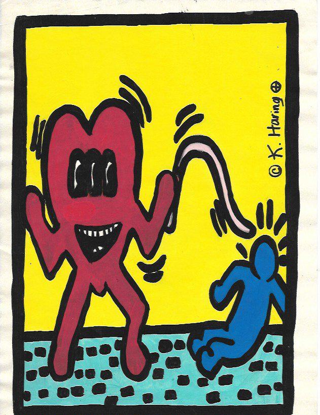 Keith Haring Mixed Media on Paper: Keith Haring Mixed Media on Paper. Approx Size: 11 1/2 x 9 inches. Provenance: NY Collector.Sold as is in the manner or style of the artist. Good Condition. See photos.