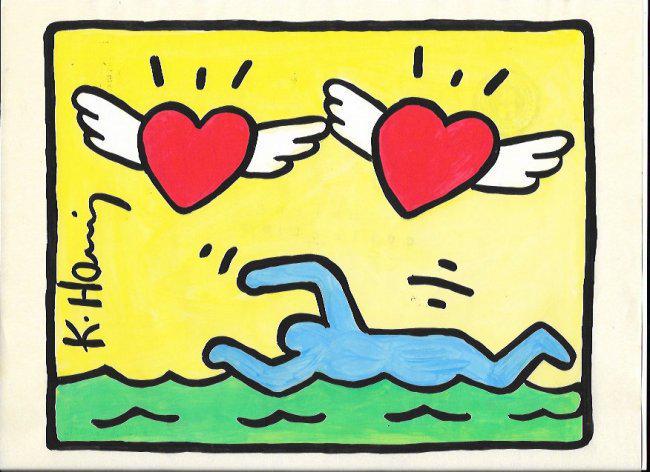 Signed Keith Haring Mixed Media on Paper: Signed Keith Haring Mixed Media on Paper. Approx Size: 11 1/2 x 9 inches. Provenance: NY Collector.Sold as is in the manner or style of the artist. Good Condition. See photos.